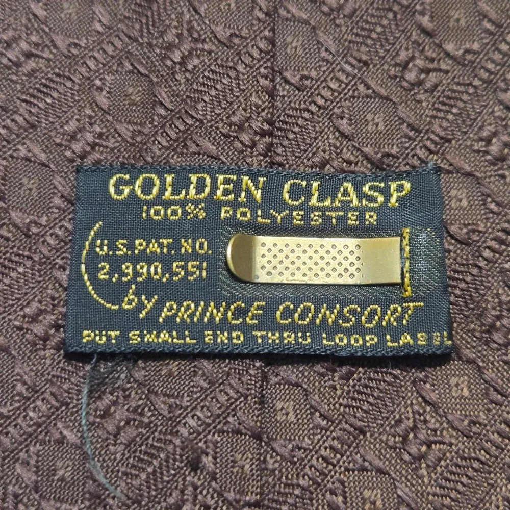 Golden Clasp Prince Comfort Necktie Monogram Logo Brown Textured 3.75x56